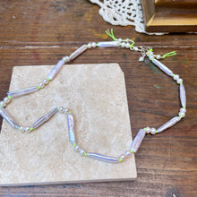 Load image into Gallery viewer, Luminous White Stick and Round Pearls Lime Green knotted Necklace