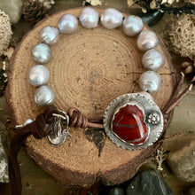 Load image into Gallery viewer, Luminous Silver Edison Pearl Custom Red Jasper Heart Button Bracelet