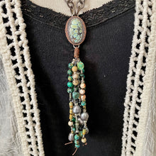 Load image into Gallery viewer, Turquoise Connector necklace with gemstone fringe, bone and leather neckline