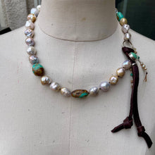 Load image into Gallery viewer, Metallic Edison Pearls Turquoise Nuggets Carlin Turquoise Button Necklace