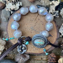 Load image into Gallery viewer, SALE Large Natural Silver Blue Edison Pearls Custom Royston Ribbon Turquoise Button Bracelet