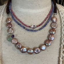 Load image into Gallery viewer, SALE Pink Coin Pearl and Gemstone Leather Necklace