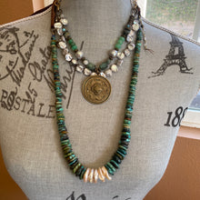 Load image into Gallery viewer, Double Strand Mandela Silver Keshi Pearl Raw Emeralds and Turquoise Necklace
