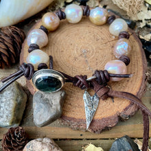 Load image into Gallery viewer, Rustic Silver Edison Pearl leather knotted Labradorite Button Bracelet