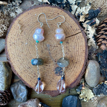 Load image into Gallery viewer, Freshwater Pearls, Labradorite and high quality Pink Amethyst Sterling silver Dangle Earrings