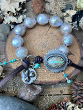 Load image into Gallery viewer, SALE Large Natural Silver Blue Edison Pearls Custom Royston Ribbon Turquoise Button Bracelet