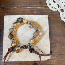 Load image into Gallery viewer, Double row Citrine, Edison Pearl, Lampwork Artisan Citrine button bracelet