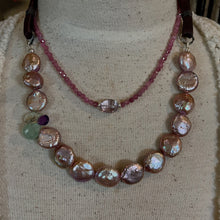 Load image into Gallery viewer, SALE Pink Coin Pearl and Gemstone Leather Necklace