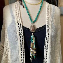 Load image into Gallery viewer, Turquoise and gemstone fringe necklace with turquoise and leather neckline