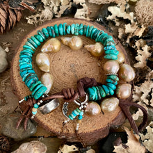 Load image into Gallery viewer, Double Strand Golden Bronze Edison Drop Pearls Blue Turquoise Citrine Button Bracelet