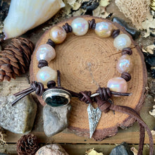 Load image into Gallery viewer, Rustic Silver Edison Pearl leather knotted Labradorite Button Bracelet