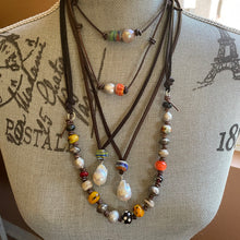 Load image into Gallery viewer, SALE Leather Orange Turkish Glass Bead Edison pearl choker Necklace
