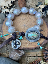 Load image into Gallery viewer, SALE Large Natural Silver Blue Edison Pearls Custom Royston Ribbon Turquoise Button Bracelet