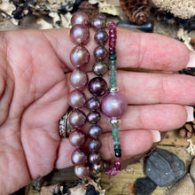 Load image into Gallery viewer, Triple Layer Pearls and Tourmaline Gemstone Sterling Flower Clasp bracelet