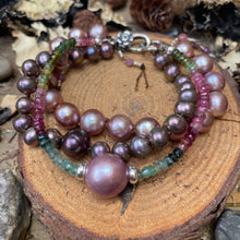 Load image into Gallery viewer, Triple Layer Pearls and Tourmaline Gemstone Sterling Flower Clasp bracelet