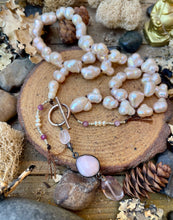 Load image into Gallery viewer, SALE Pale Pink Flawless Freshwater Pearl, Opal and Rose Quartz short Y Necklace