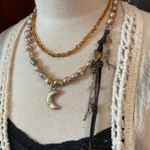 Load image into Gallery viewer, Baroque Golden Edison Pearls Artisan Gold Bronze Moon and Heart Button Necklace