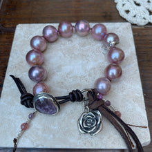 Load image into Gallery viewer, High end Large Pink Lavender Edison Pearl Custom Lepidolite Button Bracelet
