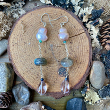 Load image into Gallery viewer, Freshwater Pearls, Labradorite and high quality Pink Amethyst Sterling silver Dangle Earrings
