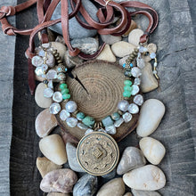 Load image into Gallery viewer, Double Strand Mandela Silver Keshi Pearl Raw Emeralds and Turquoise Necklace