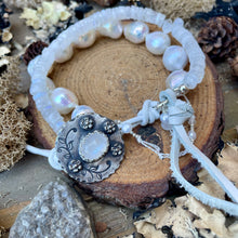 Load image into Gallery viewer, Moonstone and White Aura Edison Pearl double strand bracelet