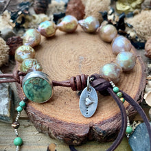 Load image into Gallery viewer, Golden Bronze Edison Pearls Custom GreenTurquoise Button Bracelet