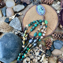 Load image into Gallery viewer, Turquoise Connector necklace with gemstone fringe, bone and leather neckline