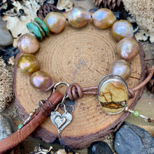 Load image into Gallery viewer, Golden Bronze Edison Pearls Custom Royston Ribbon Turquoise Button Bracelet