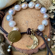 Load image into Gallery viewer, Silver/ Gold Edison Pearls with Artisan Bronze Crescent Moon Button Bracelet