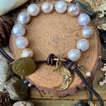 Load image into Gallery viewer, Silver/ Gold Edison Pearls with Artisan Bronze Crescent Moon Button Bracelet