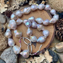 Load image into Gallery viewer, Luminous Pastel Baroque Pearls knotted Necklace large Sterling Push Clasp