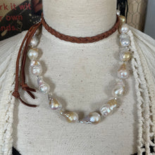 Load image into Gallery viewer, SALE Baroque Pearl Leather Necklace with Heart Pendant Versatile length