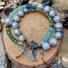 Load image into Gallery viewer, Double row Silver Blue Edison Pearls with Apatite Pave Diamond Clasp bracelet