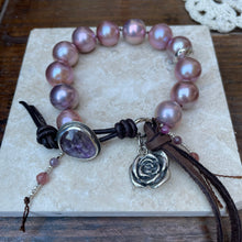 Load image into Gallery viewer, High end Large Pink Lavender Edison Pearl Custom Lepidolite Button Bracelet