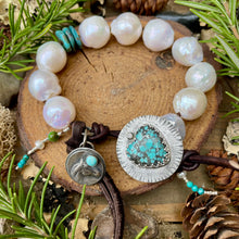 Load image into Gallery viewer, Large White Edison Pearls Custom Turquoise Heart Diamond Button Bracelet