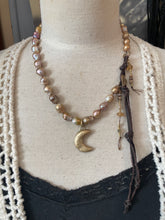 Load image into Gallery viewer, Baroque Golden Edison Pearls Artisan Gold Bronze Moon and Heart Button Necklace