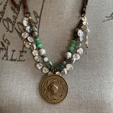 Load image into Gallery viewer, Double Strand Mandela Silver Keshi Pearl Raw Emeralds and Turquoise Necklace