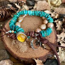Load image into Gallery viewer, Double Strand Golden Bronze Edison Drop Pearls Blue Turquoise Citrine Button Bracelet