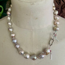 Load image into Gallery viewer, Luminous Pastel Baroque Pearls knotted Necklace large Sterling Push Clasp