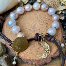 Load image into Gallery viewer, Silver/ Gold Edison Pearls with Artisan Bronze Crescent Moon Button Bracelet