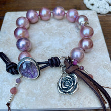 Load image into Gallery viewer, High end Large Pink Lavender Edison Pearl Custom Lepidolite Button Bracelet
