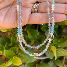 Load image into Gallery viewer, Petite Labradorite, Aquamarine, Lemon Quartz Cubes and Pearl Necklace with Sterling balls

