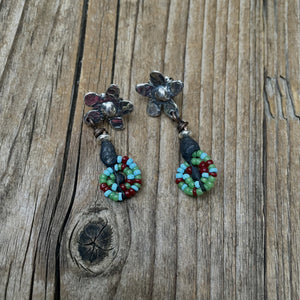 Sterling Silver Flower Posts, petite bead dangle earrings