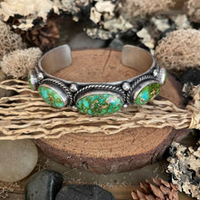 Load image into Gallery viewer, Native American Roland Dixon Sterling Southwestern Five Stone Sonoran Gold Turquoise Cuff

