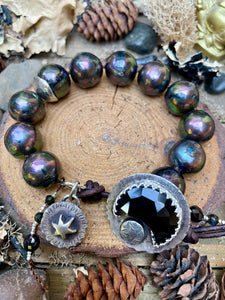 Large Black Edison Pearls Custom Onyx Moon Button Bracelet