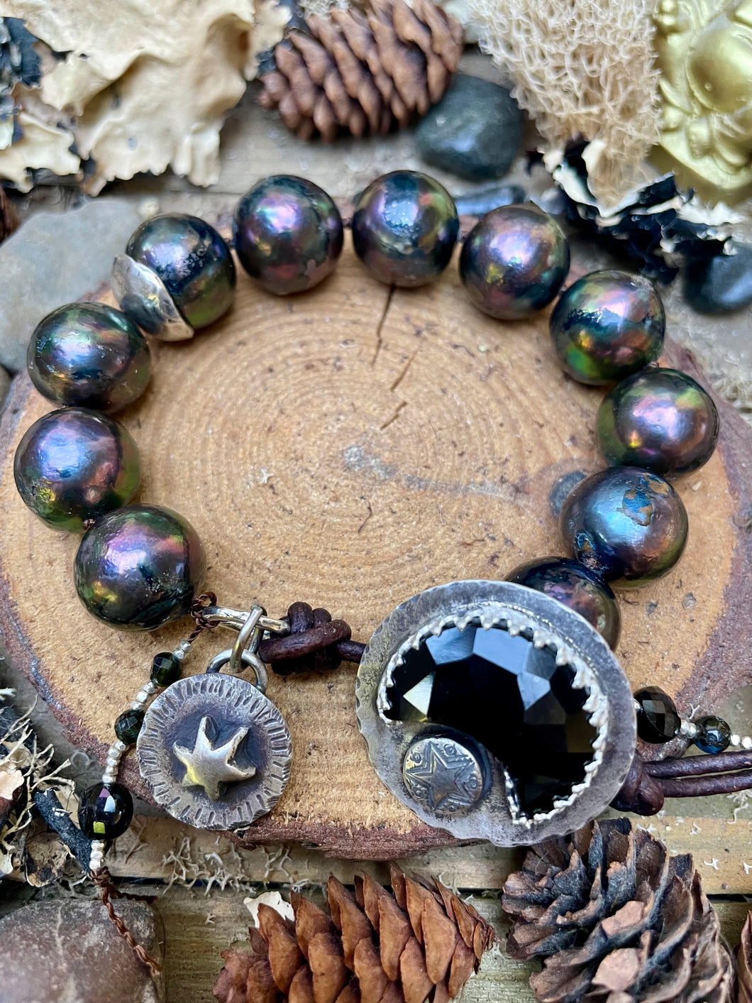 Large Black Edison Pearls Custom Onyx Moon Button Bracelet