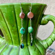 Load image into Gallery viewer, Freshwater Coin Pearls, Turquoise and Kyanite Briolette Sterling silver Dangle Earrings
