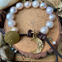 Load image into Gallery viewer, Silver/ Gold Edison Pearls with Artisan Bronze Crescent Moon Button Bracelet
