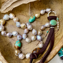 Load image into Gallery viewer, Metallic Edison Pearls Turquoise Nuggets Carlin Turquoise Button Necklace

