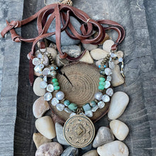 Load image into Gallery viewer, Double Strand Mandela Silver Keshi Pearl Raw Emeralds and Turquoise Necklace
